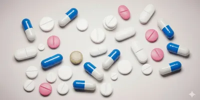 A scattering of different pills. 