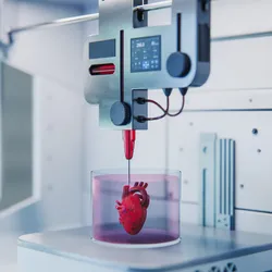 3D Render of a science Laboratory Bioprinting a 3D Human Heart. Advanced Genetic Engineering Machine Creating an Artificial Organ with Airways and Blood Vessels Under Computer Control. 