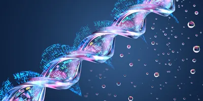 A stylized digital illustration of a DNA double helix with glowing code-like patterns inside, surrounded by floating liquid droplets on a dark blue background.