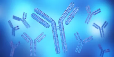 Detailed representation of antibodies against a blue background