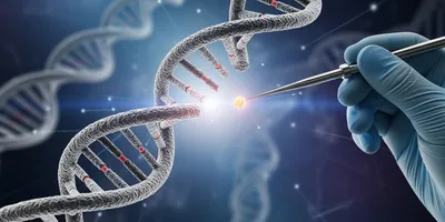 Hand holding a tool near a DNA helix, symbolizing gene editing technology and emerging modalaties