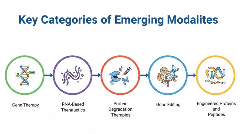 Infographic showing key categories of emerging modalities: Gene Therapy, RNA-Based Therapeutics, Protein Degradation Therapies, Gene Editing, Engineered Proteins and Peptides