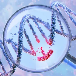 DNA double helix under a magnifying glass, symbolizing gene therapy and gene manipulation.