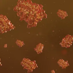 A 3D rendering of red and yellow protein molecules floating in a fluid-like environment.