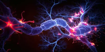 3d rendered image of Neuron cell network on black background.