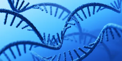 3D illustration of RNA molecules on a gradient blue background.