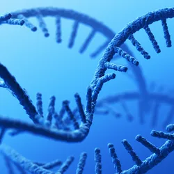 3D illustration of RNA molecules on a gradient blue background.