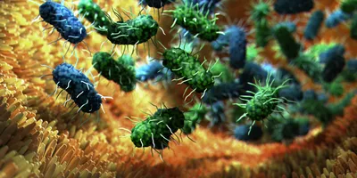 Dynamic representation of microorganisms, showcasing bacteria with intricate surface structures on a vibrant biological background.