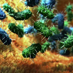 Dynamic representation of microorganisms, showcasing bacteria with intricate surface structures on a vibrant biological background. 