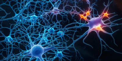 3d rendered image of Neuron cell network on black background