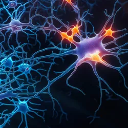 3d rendered image of Neuron cell network on black background