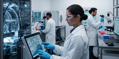 Lab technicians using automation technology in biopharmaceutical manufacturing.