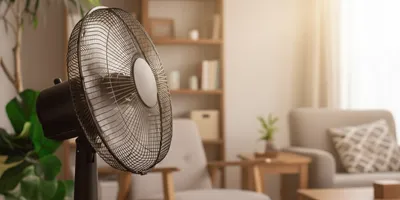 Living room with a fan for menopausal hot flash relief