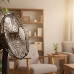 Living room with a fan for menopausal hot flash relief
