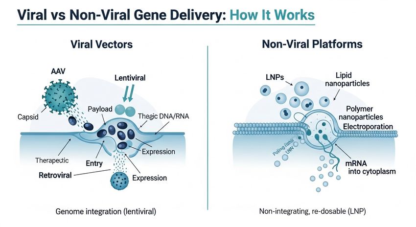Diagram illustrating viral and non-viral gene therapy delivery systems