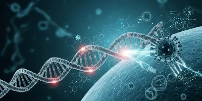 DNA strand with graphics illustrating gene therapy concepts