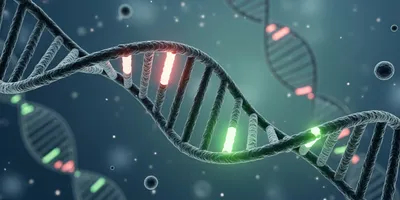 illustration of dna molucules with glowing corrected segments illustrating the effects of oligonucleotide therapies