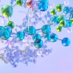 A colorful 3D rendering of molecular structures featuring interconnected blue, green, and yellow spheres representing atoms and bonds, symbolizing chemical and biological complexity.