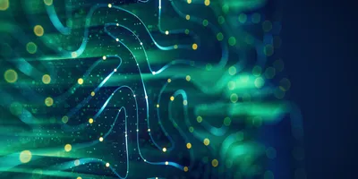 Abstract digital background featuring flowing blue and green lines with glowing yellow particles, evoking a sense of data flow or neural networks.