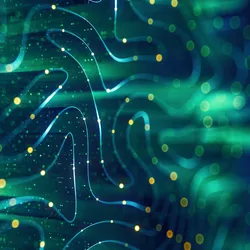 Abstract digital background featuring flowing blue and green lines with glowing yellow particles, evoking a sense of data flow or neural networks.