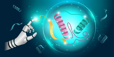 Innovative technology in science medical health care futuristic. Hand robot or cyborg artificial intelligence AI generating novel proteins.