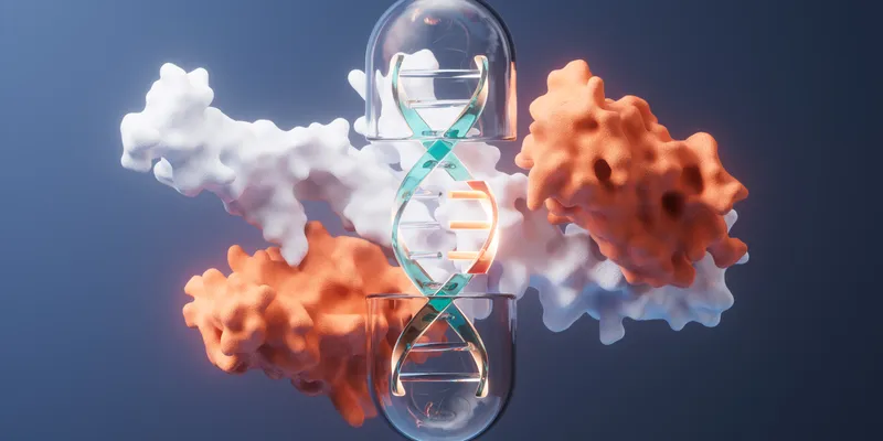 3D illustration showing a DNA double helix encapsulated in a transparent capsule, surrounded by abstract white and orange protein-like molecular structures against a blue background.