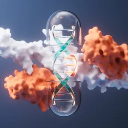 3D illustration showing a DNA double helix encapsulated in a transparent capsule, surrounded by abstract white and orange protein-like molecular structures against a blue background.