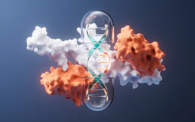 3D illustration showing a DNA double helix encapsulated in a transparent capsule, surrounded by abstract white and orange protein-like molecular structures against a blue background.