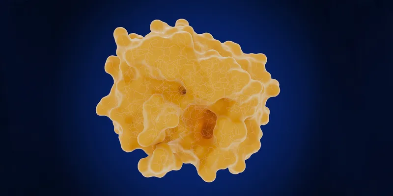 A 3D molecular rendering of the prostate-specific antigen, showing its folded yellow protein structure with a large cavity representing the active site on the lower right.