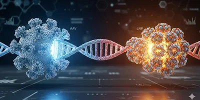 artful rendering of SNA between AAV and LNP illlustrating the difference between viral and non-viral gene insertion