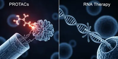 Visual representation of PROTACs and RNA therapy mechanisms showing DNA stand and PROTACs molecule