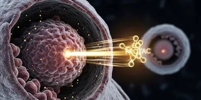 Illustration showing PROTAC resistance with a PROTAC molecule being ejected from a cancer cell