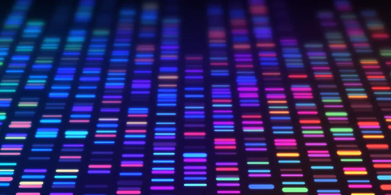 A vibrant, multicolored DNA gel–like pattern displays rows of glowing bands against a dark background, representing genomic data or molecular analysis.