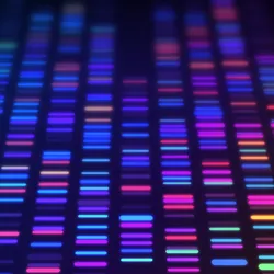 A vibrant, multicolored DNA gel–like pattern displays rows of glowing bands against a dark background, representing genomic data or molecular analysis.