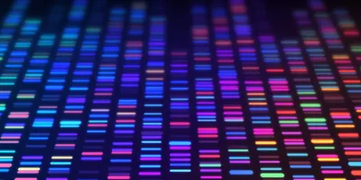 A vibrant, multicolored DNA gel–like pattern displays rows of glowing bands against a dark background, representing genomic data or molecular analysis.