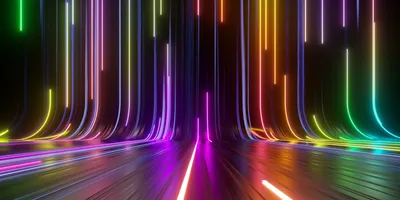 A dark, glossy floor reflects vibrant vertical light trails in neon colors — pink, blue, yellow, green, orange — streaming downward and curving smoothly onto the ground. 