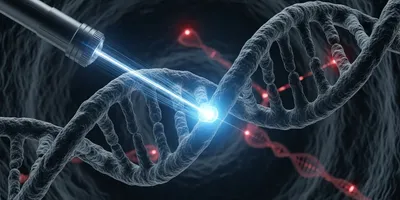 Conceptual image of DNA strands during gene editing illustatine off-target effects