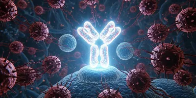 A conceptual medical illustration of immunogenecity in protein-based therapies. In the center, a glowing, crystalline therapeutic protein (shaped like a Y-antibody) is performing a healing function on a cell. Surrounding it, aggressive, spiked Anti-Drug Antibodies  in dark red are swarming and binding to the therapeutic protein, neutralizing its light. 