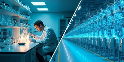 A split-screen industrial concept art. Left side: A Boutique laboratory with a single scientist carefully tending to a glowing, unique glass vessel . Right side: A massive, futuristic Factory floor with rows of identical, automated silver bioreactors glowing with blue light, stretching into the distance. Contrasting lab work with automated production systems for cell therapies