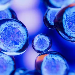 Fluorescent-style illustration of spherical embryonic stem cells clustered together against a dark background.