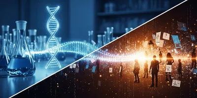 A high-end editorial medical illustra tion splitting the frame diagonally. On the top left, a hyper-realistic, sterile, blue-lit laboratory with a perfect, glowing DNA double helix floating inside clean glassware. On the bottom right a complex, warm-toned digital data stream transforming into diverse human silhouettes and medical charts, representing the messiness and complexity of patient data. A bridge of digital light connects the sterile lab to the complex data. Cinematic lighting, 8k resolution, detailed, photorealistic, conceptual art style. no text