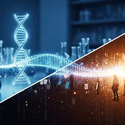 A high-end editorial medical illustra tion splitting the frame diagonally. On the top left, a hyper-realistic, sterile, blue-lit laboratory with a perfect, glowing DNA double helix floating inside clean glassware. On the bottom right a complex, warm-toned digital data stream transforming into diverse human silhouettes and medical charts, representing the messiness and complexity of patient data. A bridge of digital light connects the sterile lab to the complex data. Cinematic lighting, 8k resolution, detailed, photorealistic, conceptual art style. no text