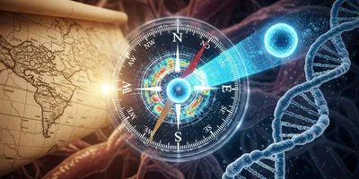 A conceptual illustration representing biomarker strategies for novel modalities, depicting a glowing compass with a cellular activity heatmap face guiding a neon-blue CAR-T cell through a biological landscape, set against a background that morphs from a vintage parchment map into a futuristic 3D DNA stream.