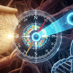 A conceptual illustration representing biomarker strategies for novel modalities, depicting a glowing compass with a cellular activity heatmap face guiding a neon-blue CAR-T cell through a biological landscape, set against a background that morphs from a vintage parchment map into a futuristic 3D DNA stream.