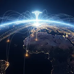 A conceptual illustration of a dark globe with isolated golden lights representing rare disease patients being connected by glowing ethereal threads to a central beacon, symbolizing the recruitment and unification of dispersed patient populations.