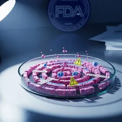 A conceptual medical illustration depicting glowing CAR-T cells navigating a complex biological maze inside a petri dish, symbolizing the regulatory and manufacturing hurdles of CAR-T approvals, set against a backdrop of clinical equipment and paperwork.