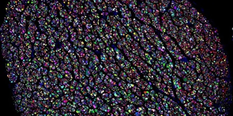 Multicolor bundle of human vagus nerve, showing cross sections of individual nerve fibers in different colors