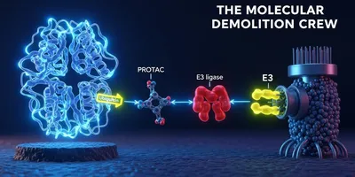 A high-tech molecular illustration depicting a PROTAC molecule bridging a target protein and an E3 ligase for ubiquitin tagging, with a proteasome "shredder" in the background, representing the targeted protein degradation mechanism.