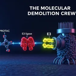 A high-tech molecular illustration depicting a PROTAC molecule bridging a target protein and an E3 ligase for ubiquitin tagging, with a proteasome "shredder" in the background, representing the targeted protein degradation mechanism.