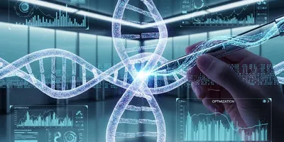 A conceptual illustration of a glowing DNA helix being edited like computer code via a futuristic digital interface, symbolizing the precise, programmable nature of RNA therapeutic clinical trial design.